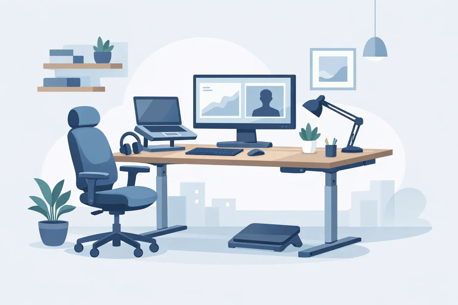 Ergonomisk hjemmekontor setup, der holder