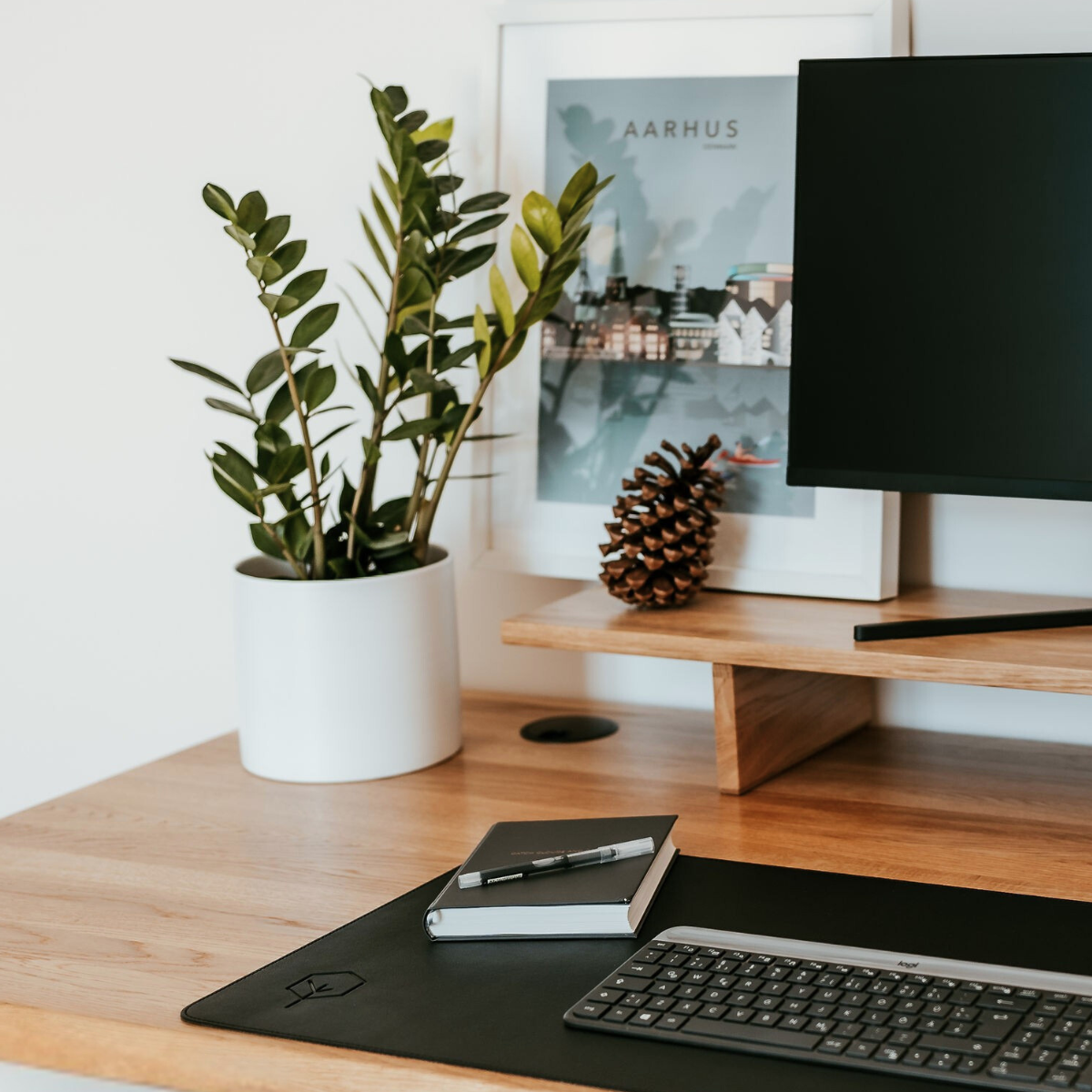 Wooden desk with computer monitor, keyboard, plant, and decorative items.