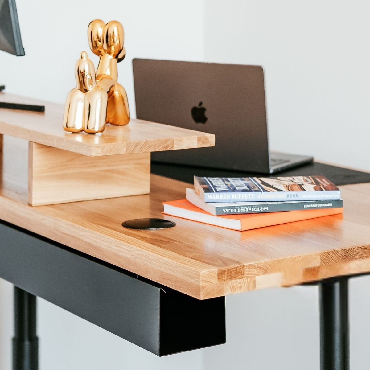 Wooden desk with laptop, books, and decorative items on a white background