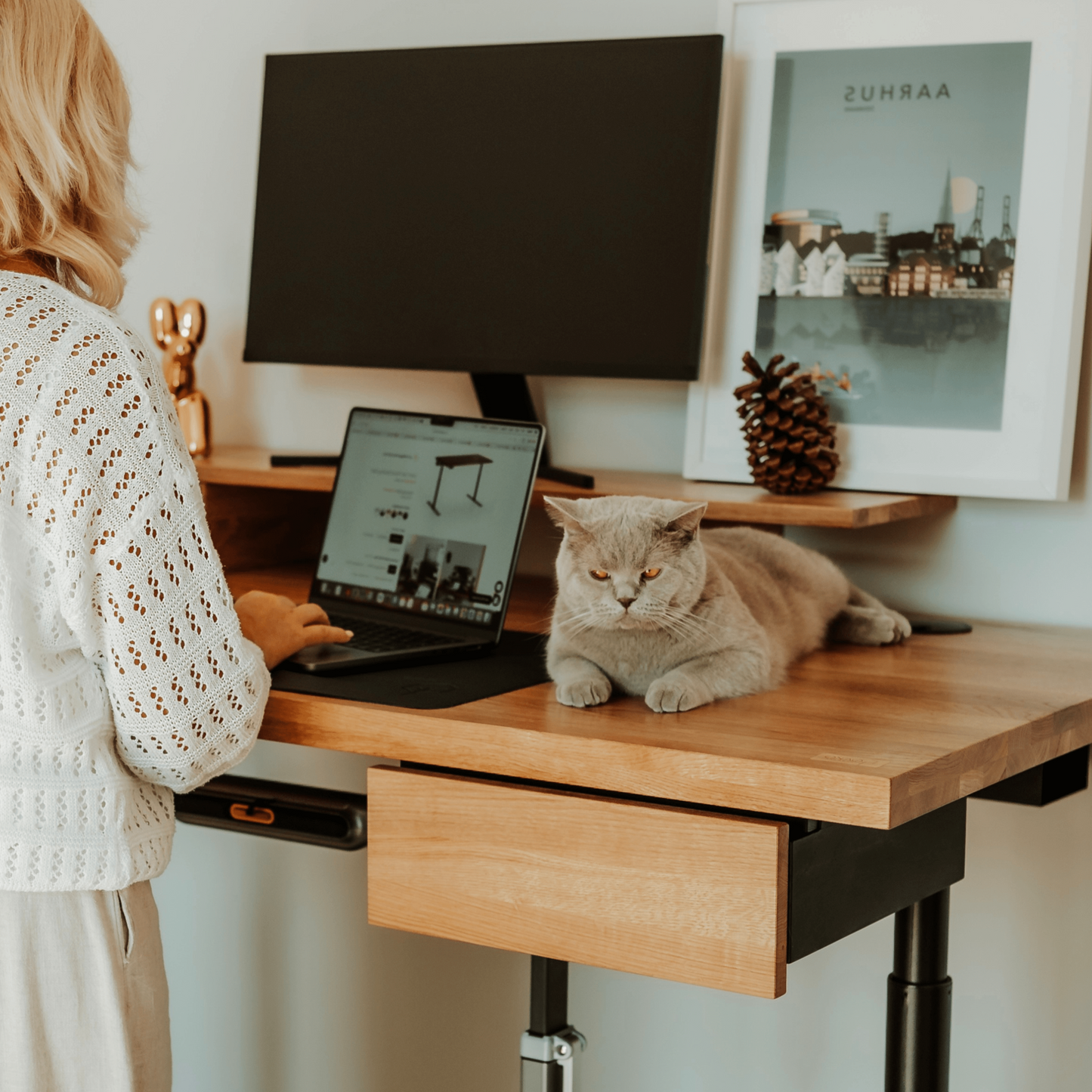 Natural Wood Height adjustable desk with cat on the desk