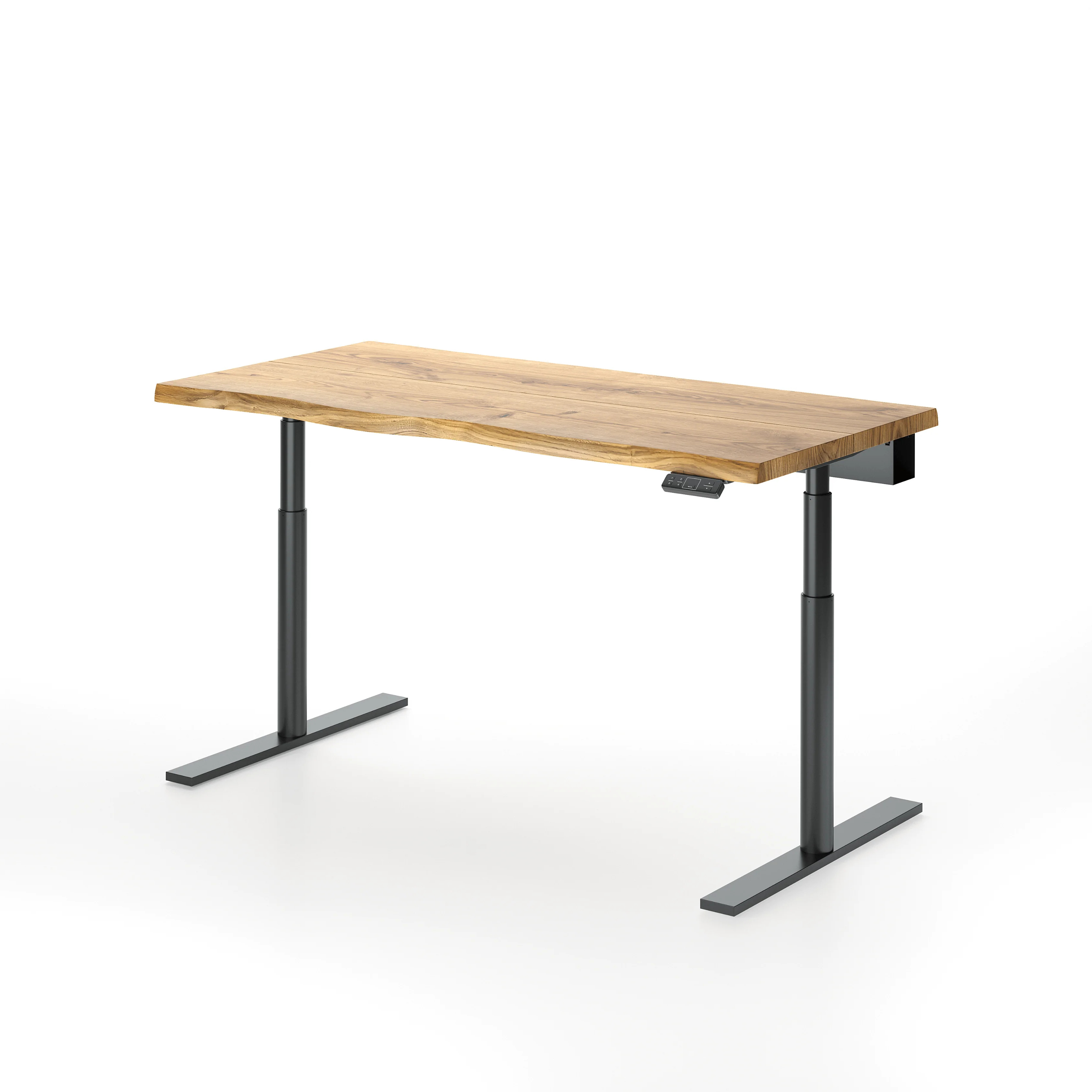 Premium height-adjustable desk by OAKO Denmark featuring a natural oak wood desktop with a live edge design, supported by a sleek black metal frame. Ideal for modern home offices and workspaces.