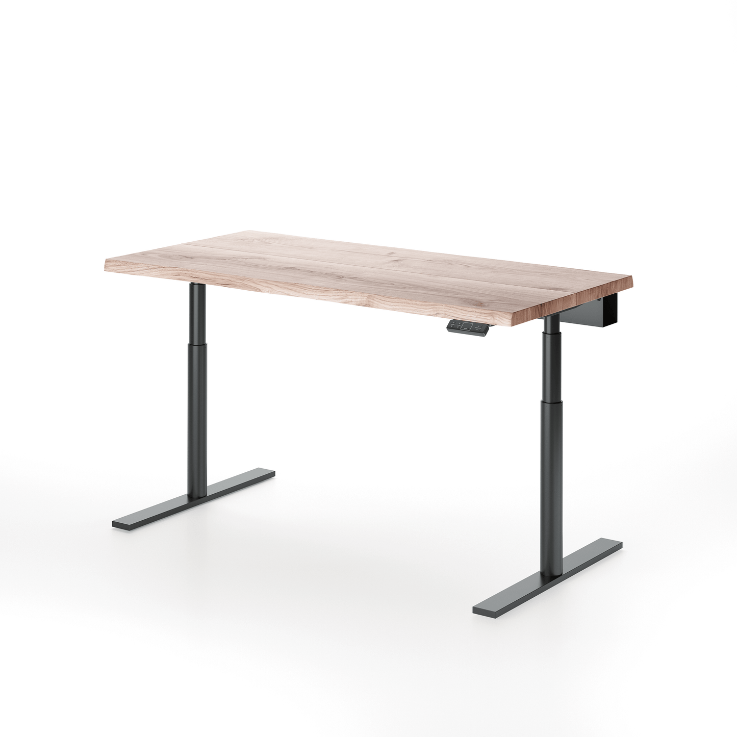 Solid oak height-adjustable desk by OAKO Denmark in Arctic White finish, featuring a subtle and modern light wood tone. Paired with a durable black metal frame, this desk offers ergonomic functionality and minimalist design for contemporary workspaces.