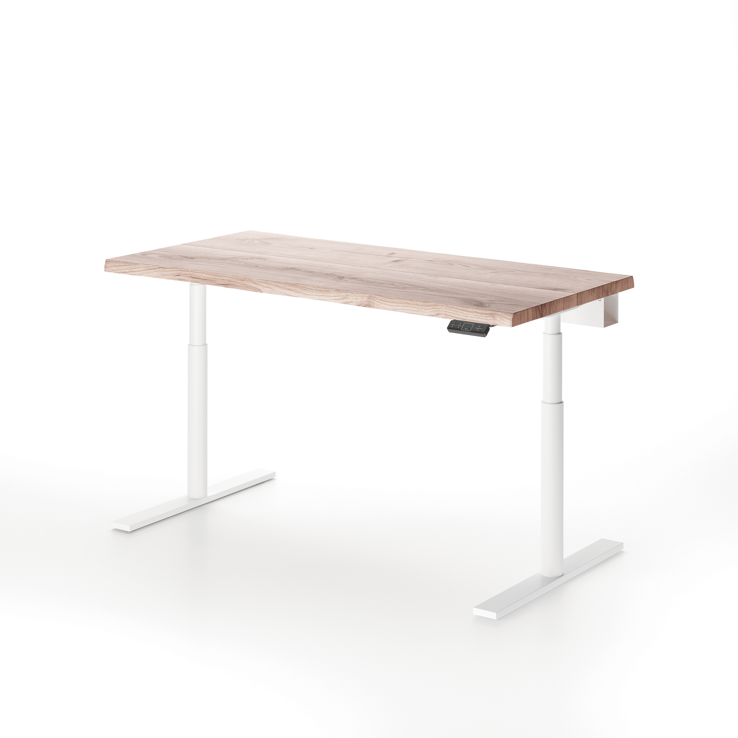 Solid oak height-adjustable desk by OAKO Denmark in Arctic White finish, showcasing a minimalist light wood tone. Paired with a sleek white metal frame, this de