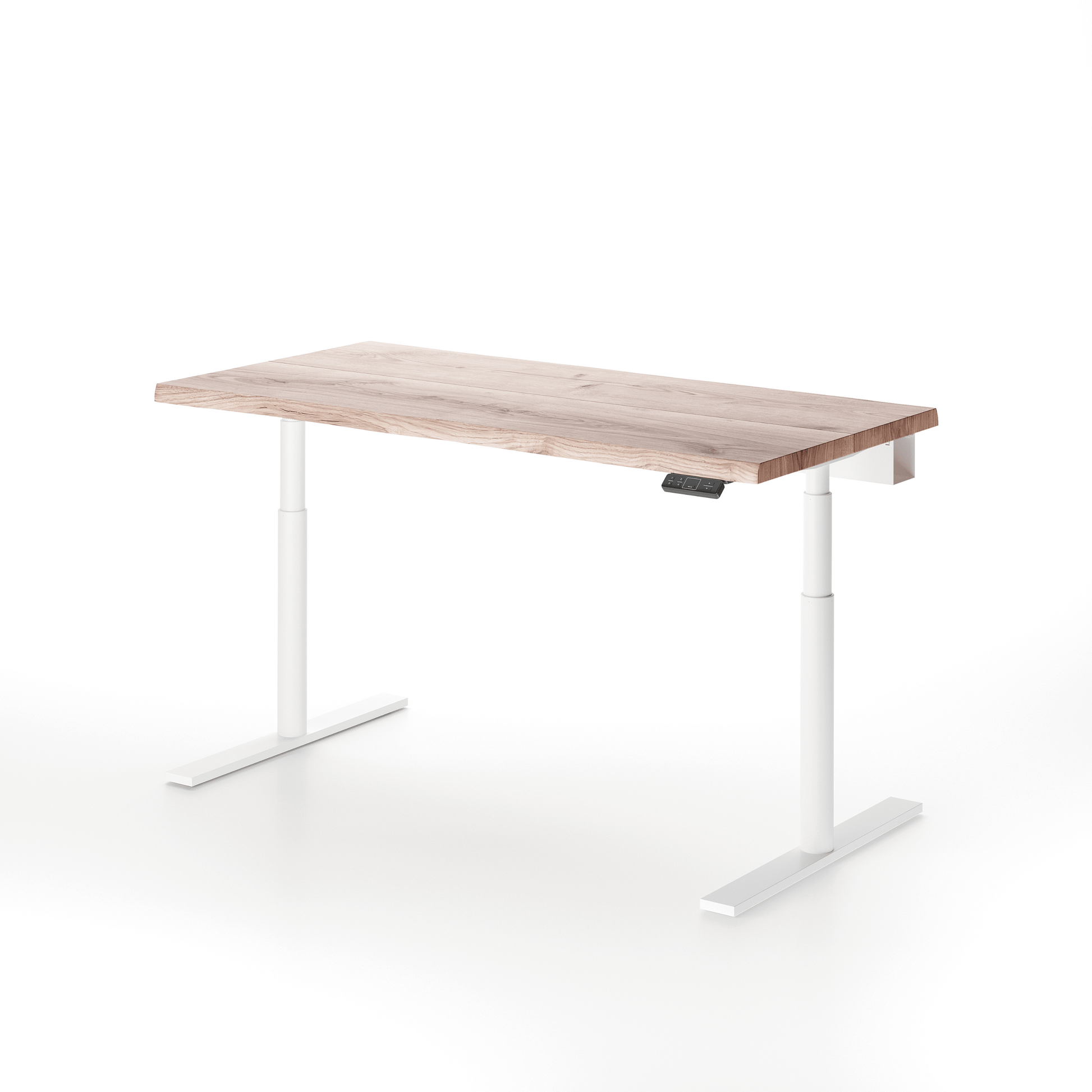 Solid oak height-adjustable desk by OAKO Denmark in Arctic White finish, showcasing a minimalist light wood tone. Paired with a sleek white metal frame, this de