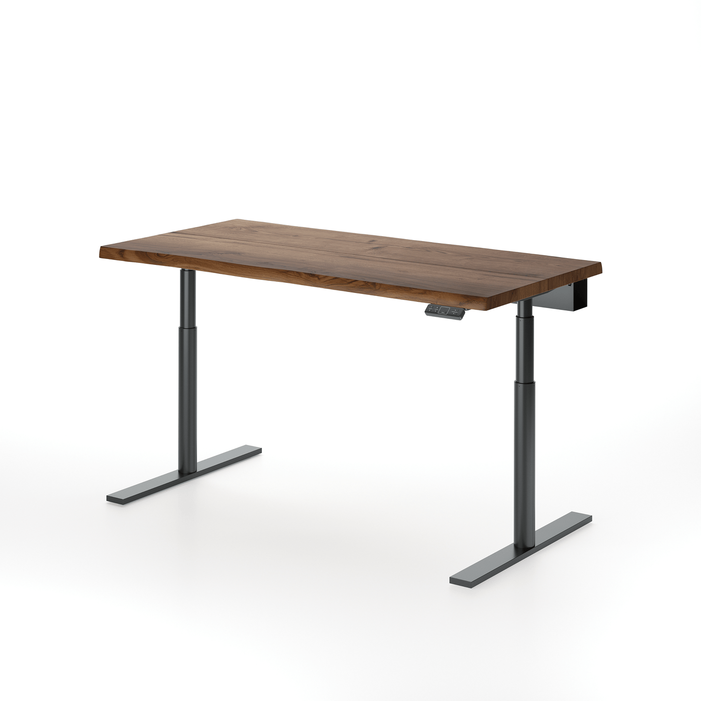 Solid oak height-adjustable desk by OAKO Denmark in Terra finish, a walnut-inspired shade. Features a sleek black metal frame, offering ergonomic functionality and timeless design for modern workspaces.