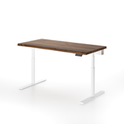 Solid oak height-adjustable desk by OAKO Denmark in Terra finish, a walnut-inspired shade. Paired with a sleek white metal frame, this desk combines ergonomic design and modern aesthetics for home and office environments.